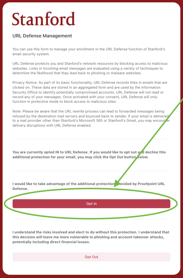 Screenshot: URL Defense Management Site Screen with Opt In Button