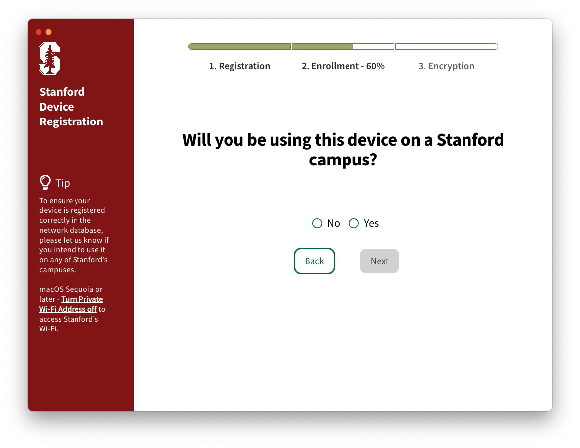 SDR prompt: "Will you be using this device on a Stanford campus?"