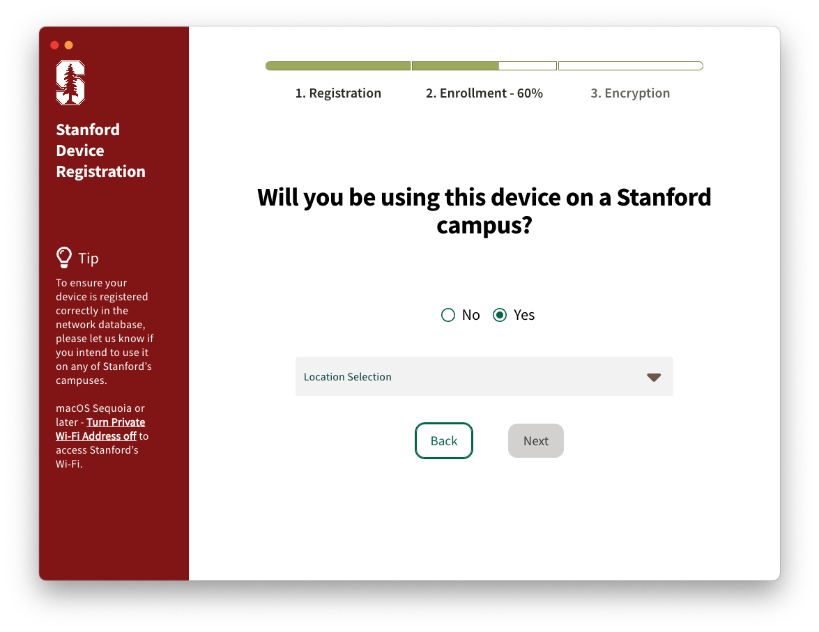 SDR prompt requiring user to select a Stanford location via a dropdown menu.